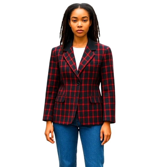 Cross country Plaid jacket blazer Wool Blend Pockets Vintage Black Red SZ Large - Picture 1 of 8